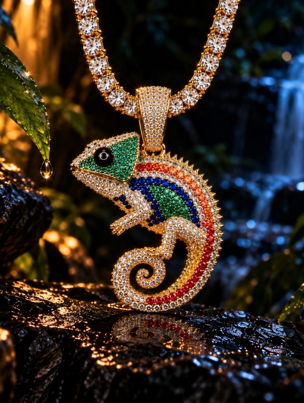 Gold-Tone Multicolor Chameleon Pendant Necklace - Men Accessories